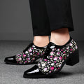 SHOWLU men's floral lace-up loafers with pointed toe, classic dress shoe design, stylish men's footwear for formal occasions