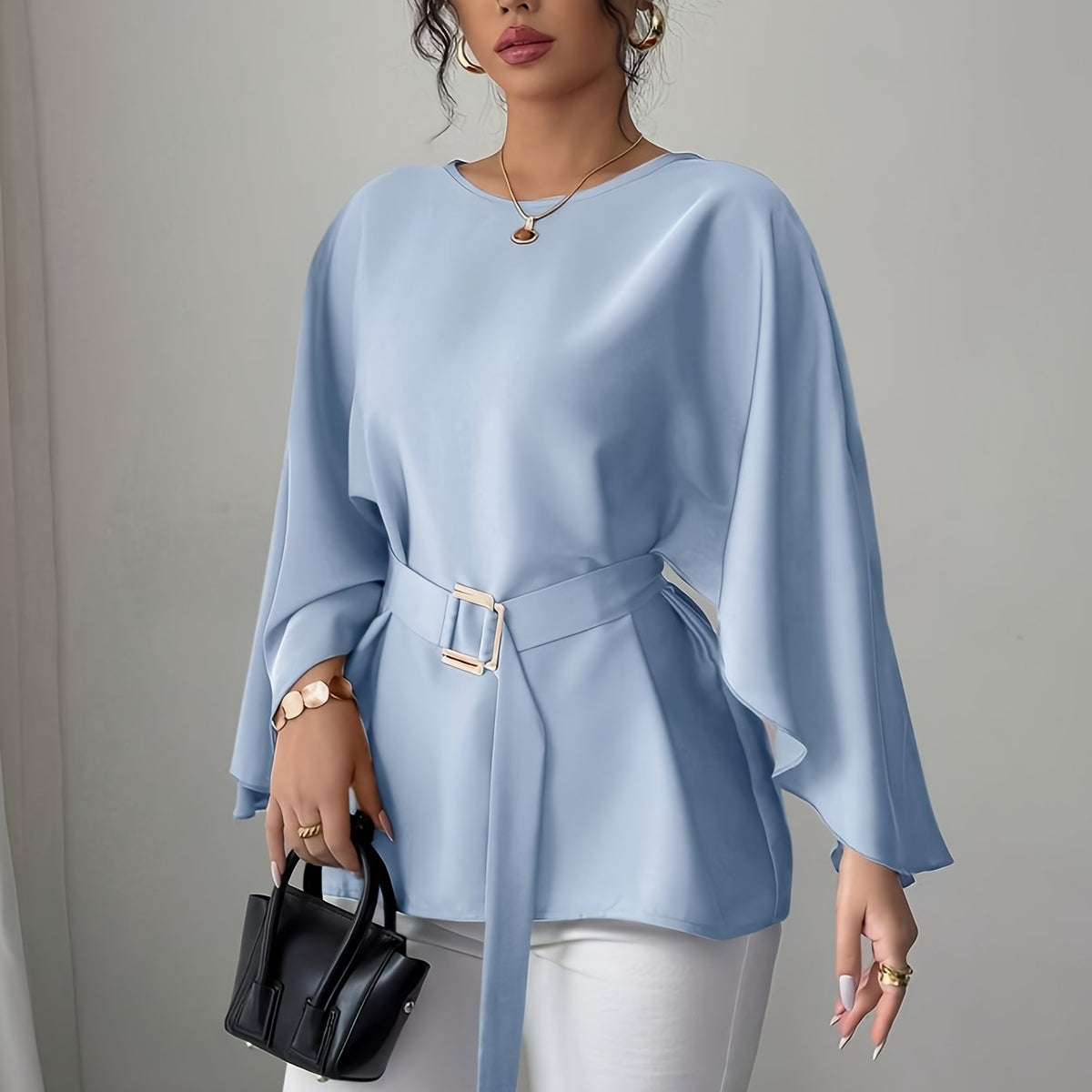 Elegant Light Blue Long Sleeve Blouse with Belted Waist - Chic Crew Neck, Flowy Design, Perfect for Casual or Formal Occasions, Casual Wear Blouse | Belted Waist Top | Structured Shoulders