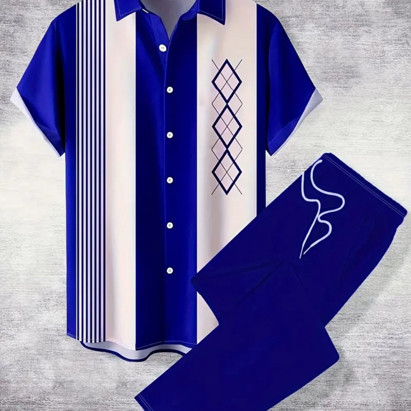 SHOWLU men's blue and white stripe shirt and pants set with geometric pattern, casual fashion outfit on model.