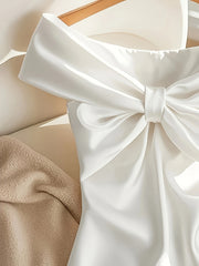 Elegant Off-Shoulder Bow Tie Satin Blouse for Women - Chic French-Inspired Slim Fit Crop Top, Solid Color with Front Bow Detail, Perfect for Summer and Casual Wear, Versatile Blouse | Chic Design | Polyester Linin