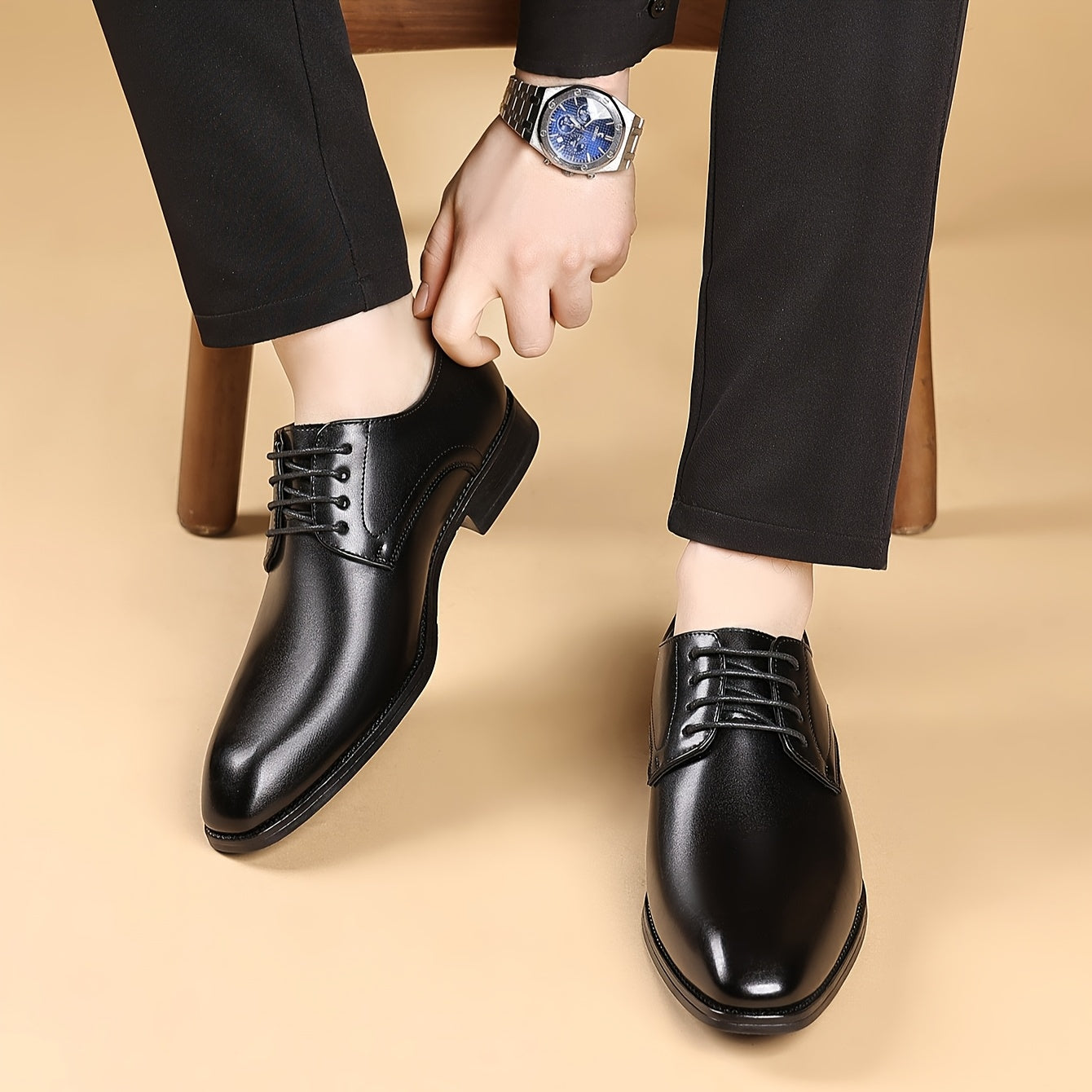 Showlu Fashion Men's Oxford Derby dress shoes with pointed toe, formal business footwear in classic black leather.
