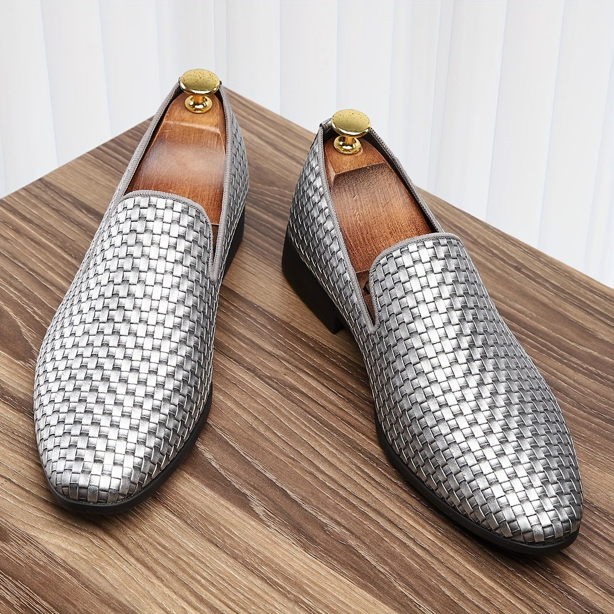 Men's black and gold woven PU loafers by SHOWLU FASHION STORE, stylish and comfortable driving shoes with a sleek design.