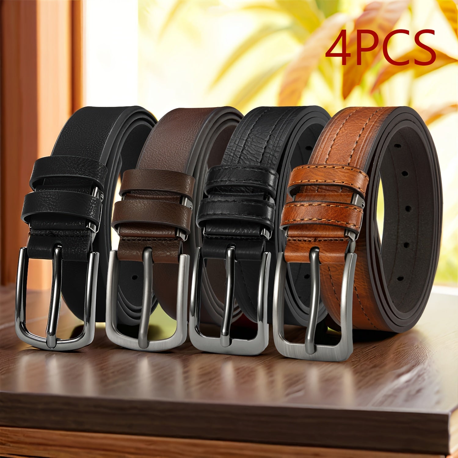 SHOWLU Men's genuine leather belts, vintage style, big and tall straps, four-pack with classic brown and black designs.