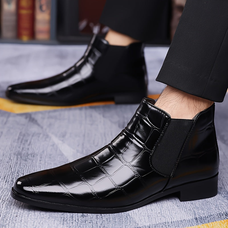 SHOWLU men's pointed toe Chelsea boots with shiny finish and short ankle design, ideal for formal or stylish wear.