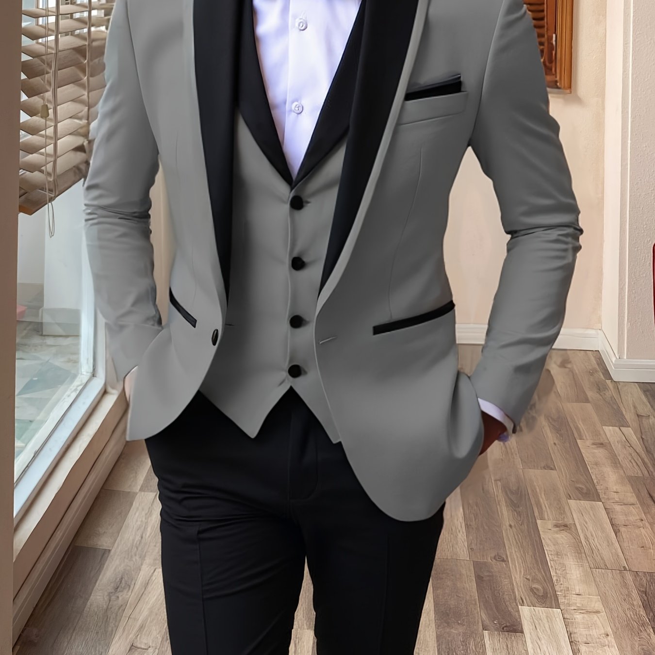 Men's slim fit 3-piece suit with shawl lapel, formal wedding set by SHOWLU FASHION, featuring jacket, vest, and trousers.