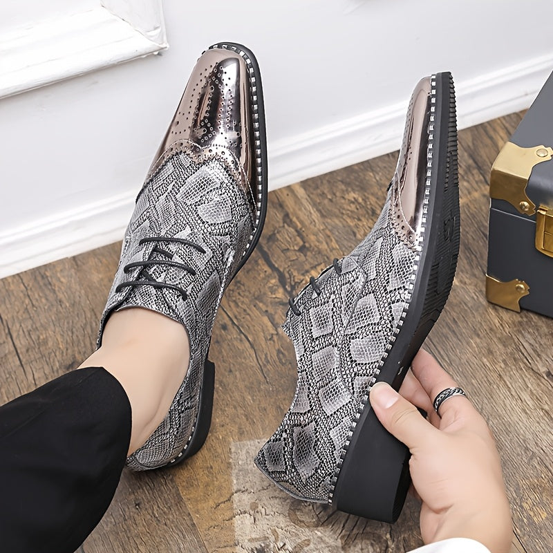 Men's SHOWLU FASHION golden diamond pattern brogue loafers with pointed toe, stylish leather footwear with decorative perforations.