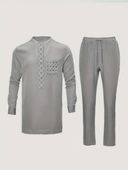 2024 Autumn New, Dashiki Men'S Set, Long Sleeve Top, Chest Embroidery, Hidden Button, Pocket, Round Neck, Split Hem, Elastic Pants, African Clothing, Men'S Casual Shirt and Trousers 2pcs Set, Four Seasons New 1 Set, Street St