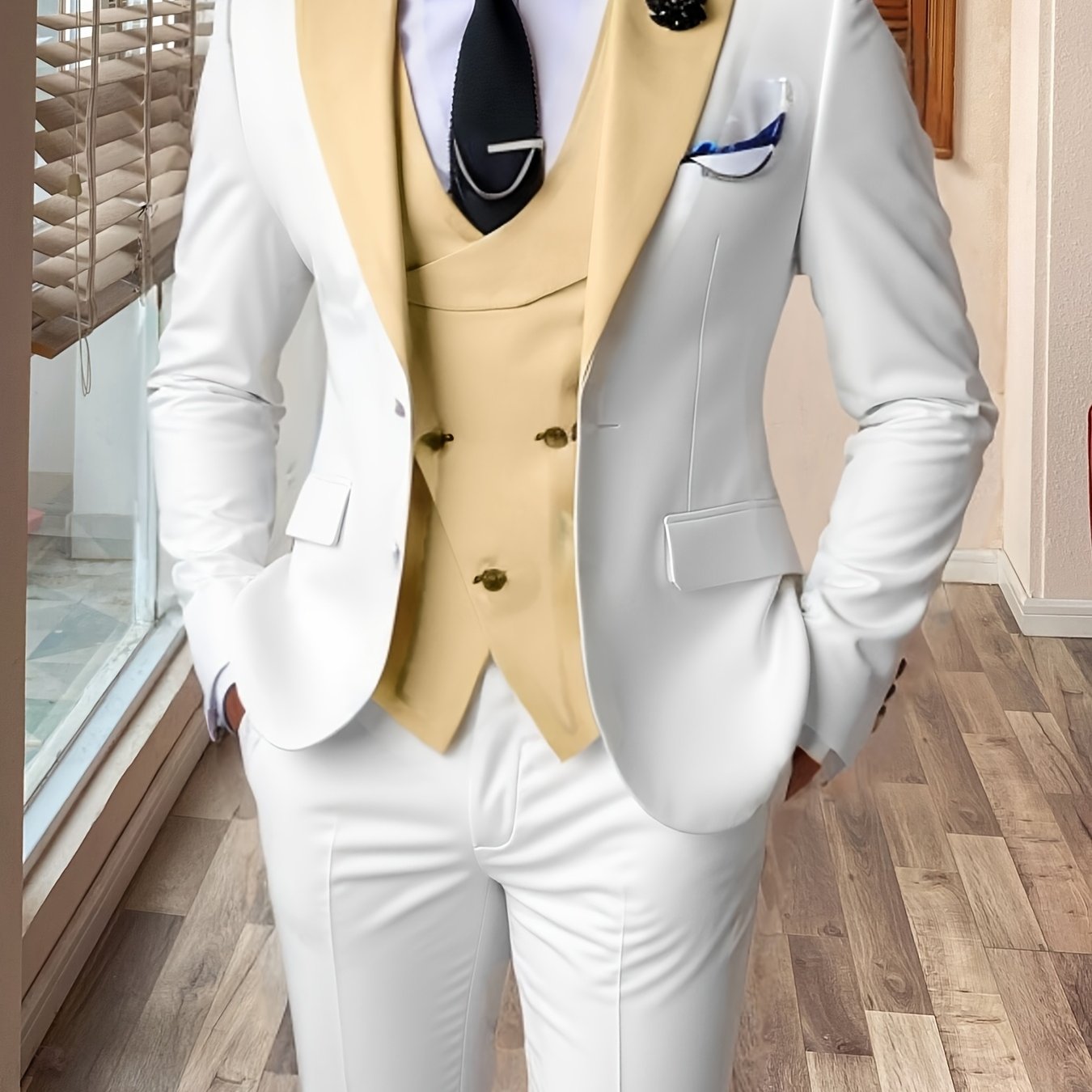 SHOWLU FASHION men's 3-piece slim fit color block wedding suit with notch lapel, displayed on a mannequin.