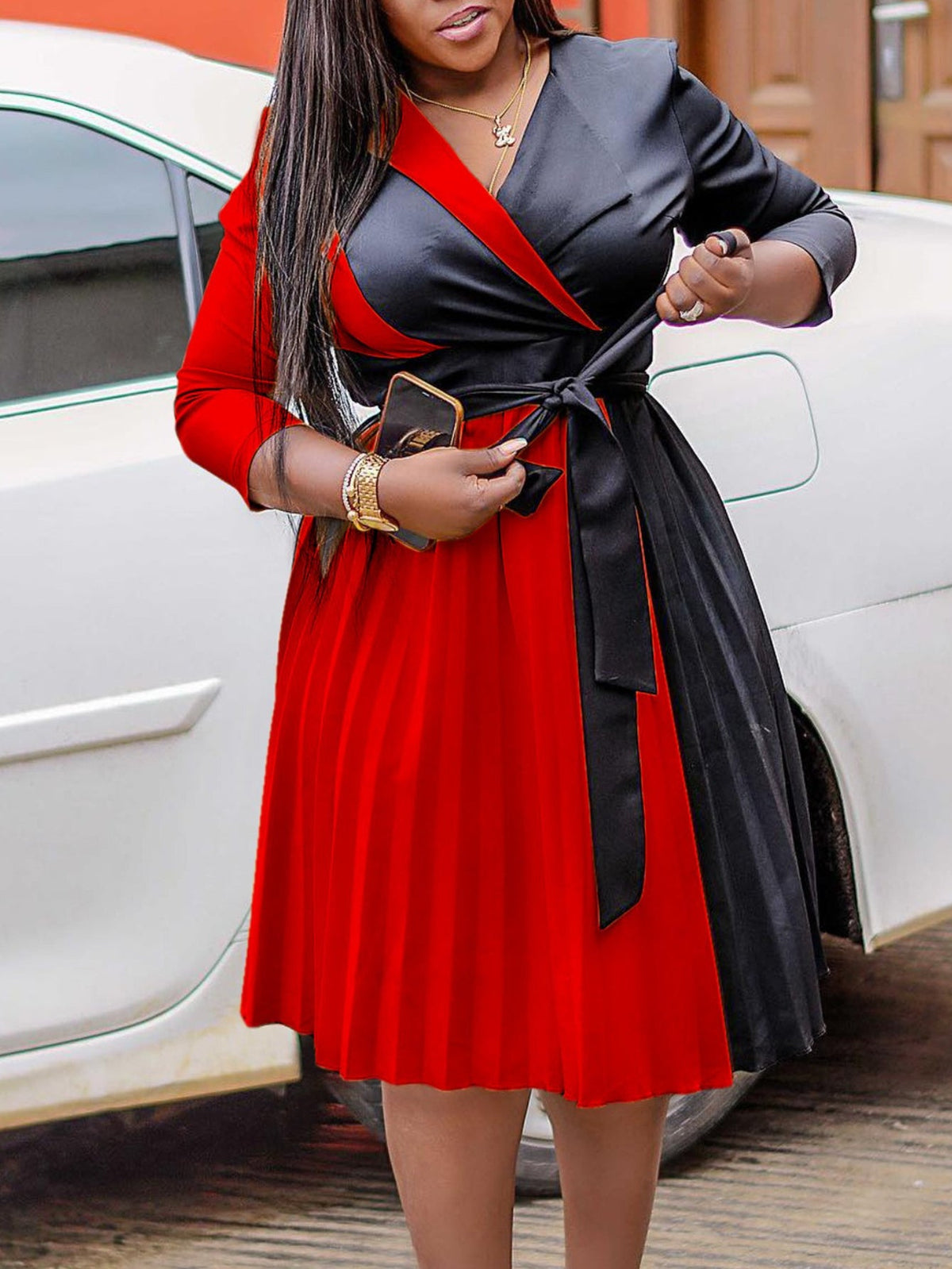 Plus size SHOWLU V-neck pleated strap dress with elegant polyester fabric and pencil skirt design, perfect for stylish occasions.