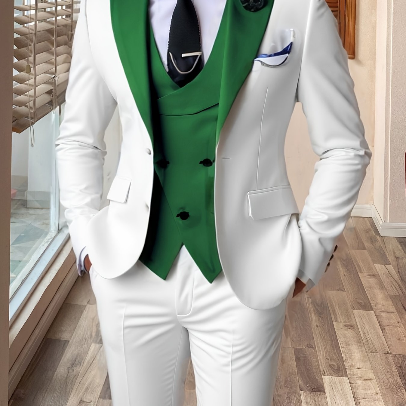 SHOWLU FASHION men's 3-piece slim fit wedding suit with color block design, notch lapel, tailored for a sharp, modern look.