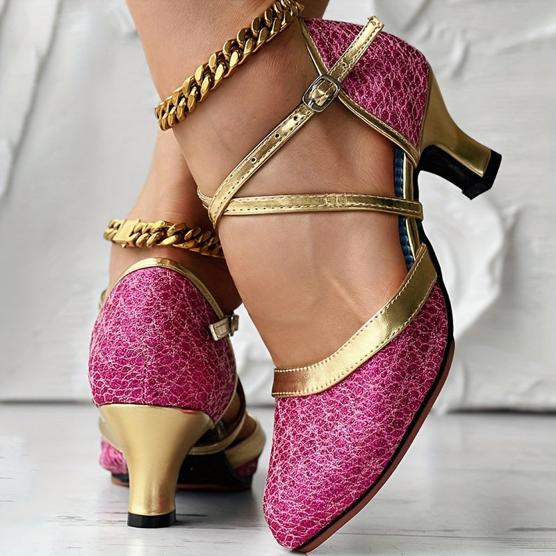 SHOWLU Women's Glitter Latin dance shoes with chunky mid heel and D'Orsay pump design, stylish and sparkling for dance performances.