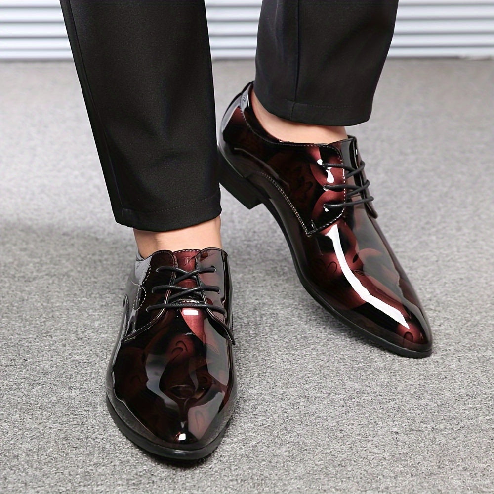 SHOWLU men's flower print pointed toe PU leather dress shoes, stylish business footwear with floral pattern detail