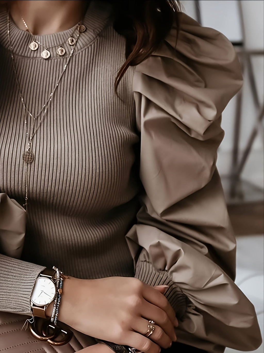 Black ribbed blouse for women with puff sleeves and crew neck, stylish and elegant top by SHOWLU FASHION STORE.