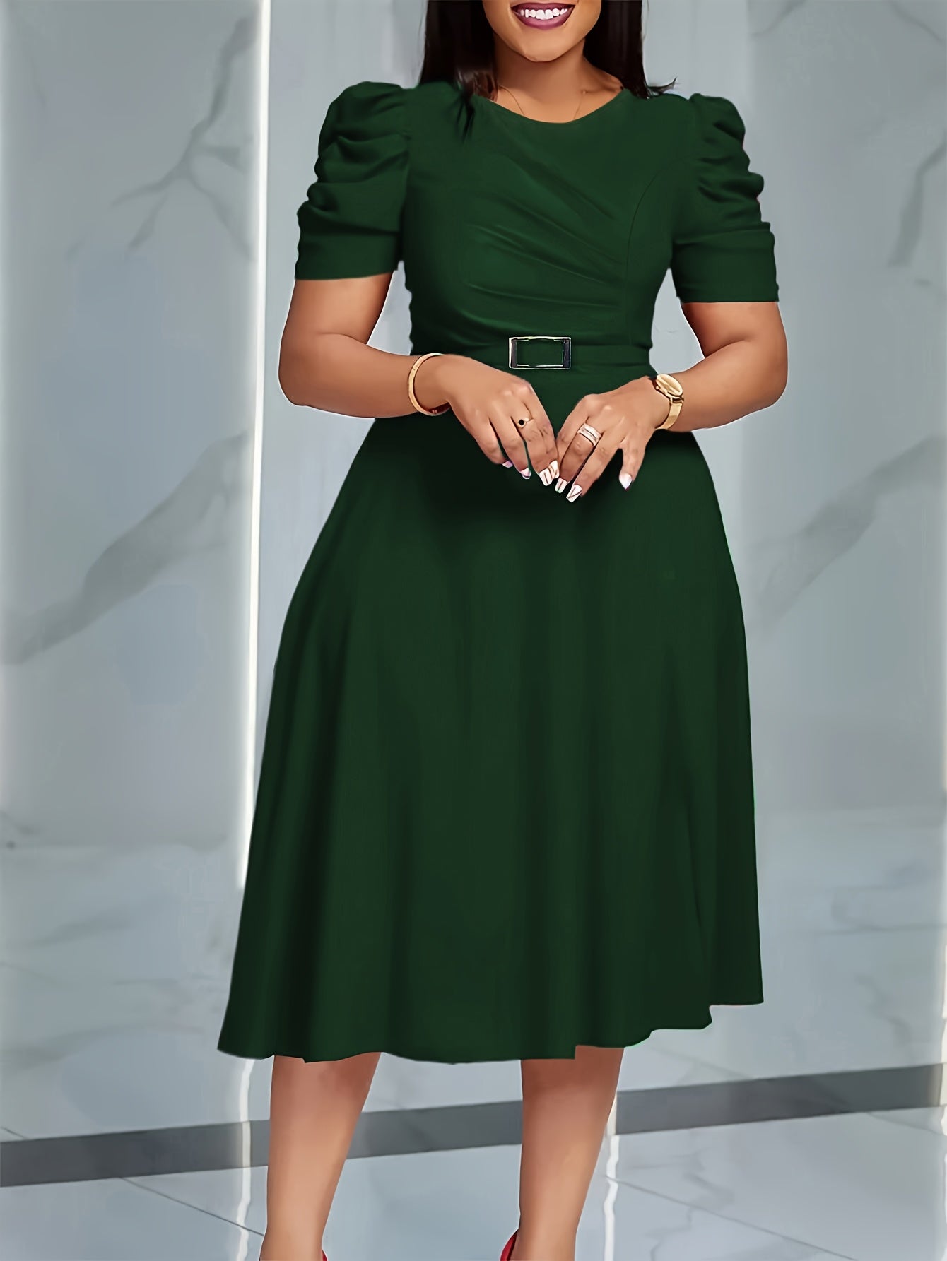 Red SHOWLU Women's V-Neck Ruffle Hem A-Line Dress made of polyester, featuring a stylish ruffled hem and elegant V-neck design.