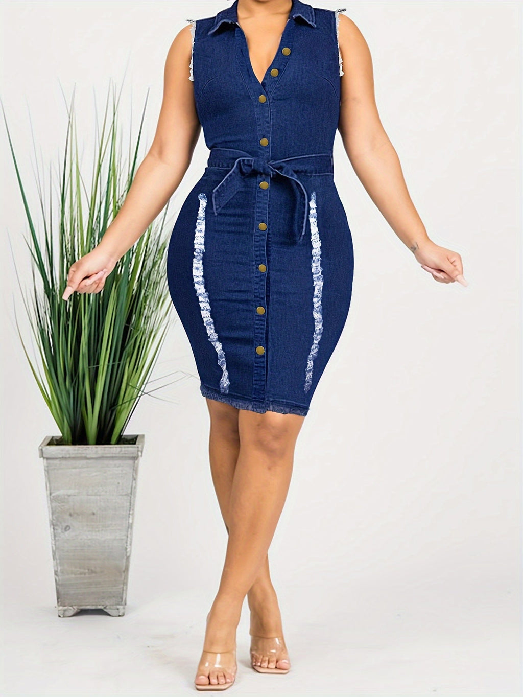 Blue women's denim bodycon midi dress with sexy V-neck and sleeveless design by SHOWLU FASHION STORE.