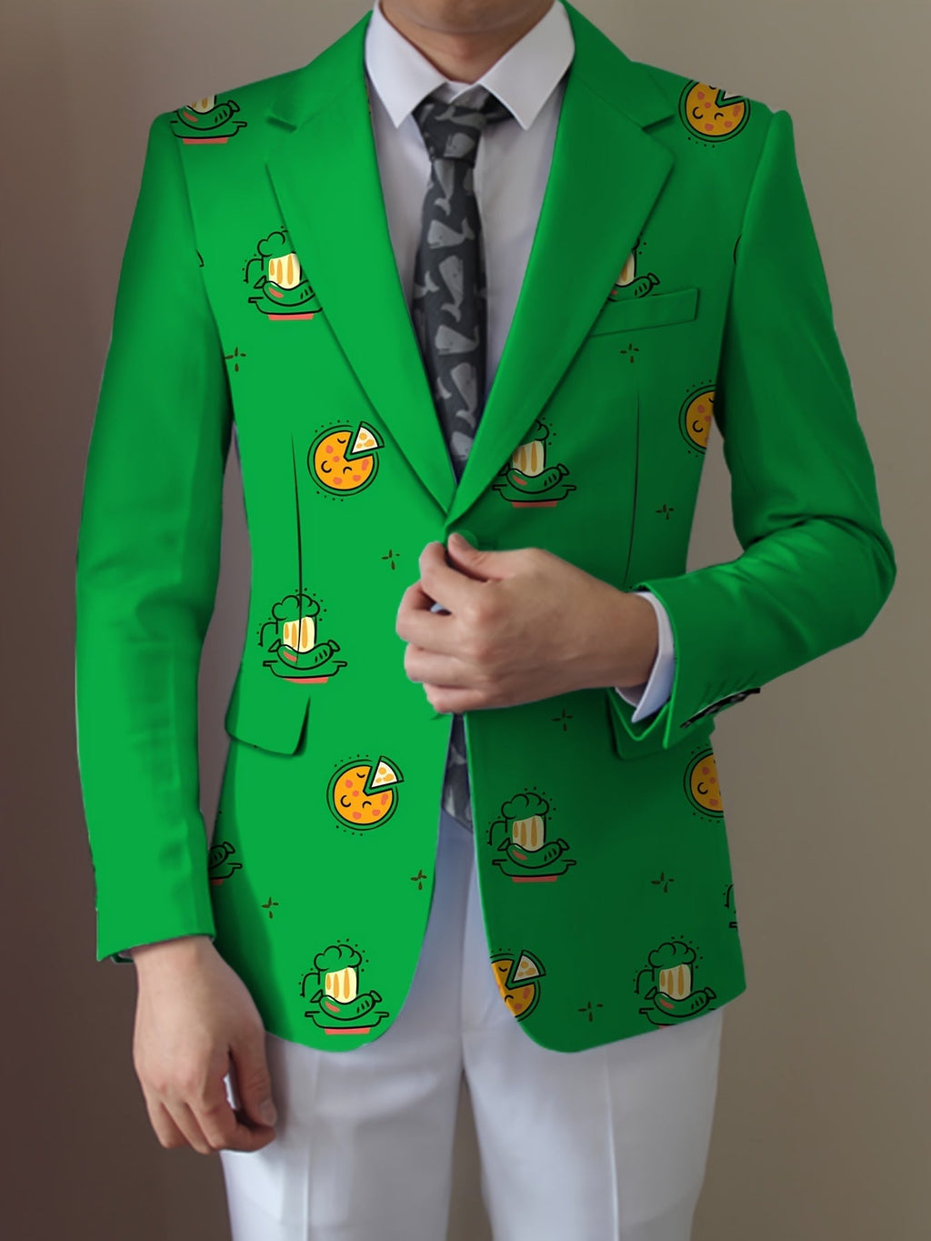 SHOWLU Men's casual food cartoon blazer with lapel, regular fit suit jacket, featuring playful food-themed pattern and tailored design.