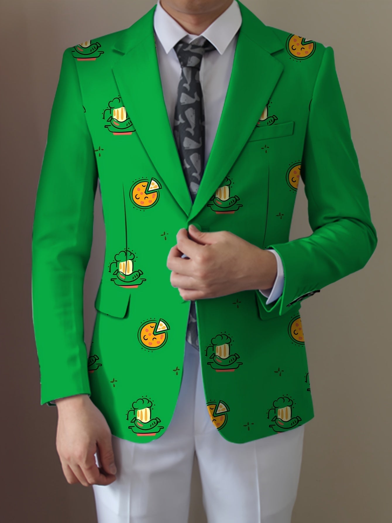 SHOWLU Men's casual food cartoon blazer with lapel, regular fit suit jacket, featuring playful food-themed pattern and tailored design.