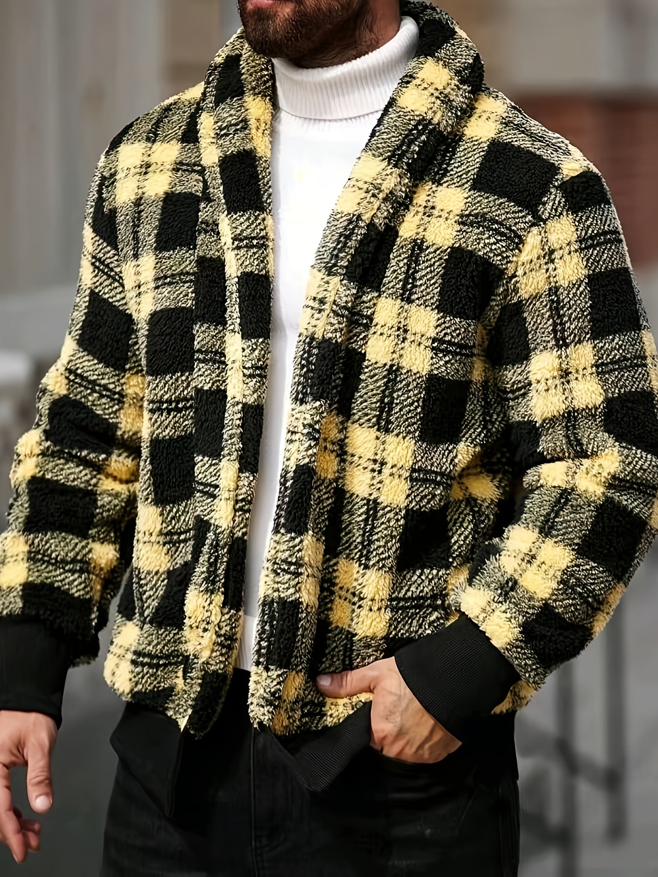 SHOWLU men's black and yellow checkered plush fleece jacket with soft thermal lining, stylish and warm for cold weather.