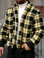 Men'S Plush Jacket - Black & Yellow Checkered Coat, Soft Thermal Insulation Lightweight Outerwear for Fall/Winter, Minimalist Formal & Everyday Blazers, Easy-Care Non-Lined Design, Fall Fashion, Classic Collar, Durable Constr