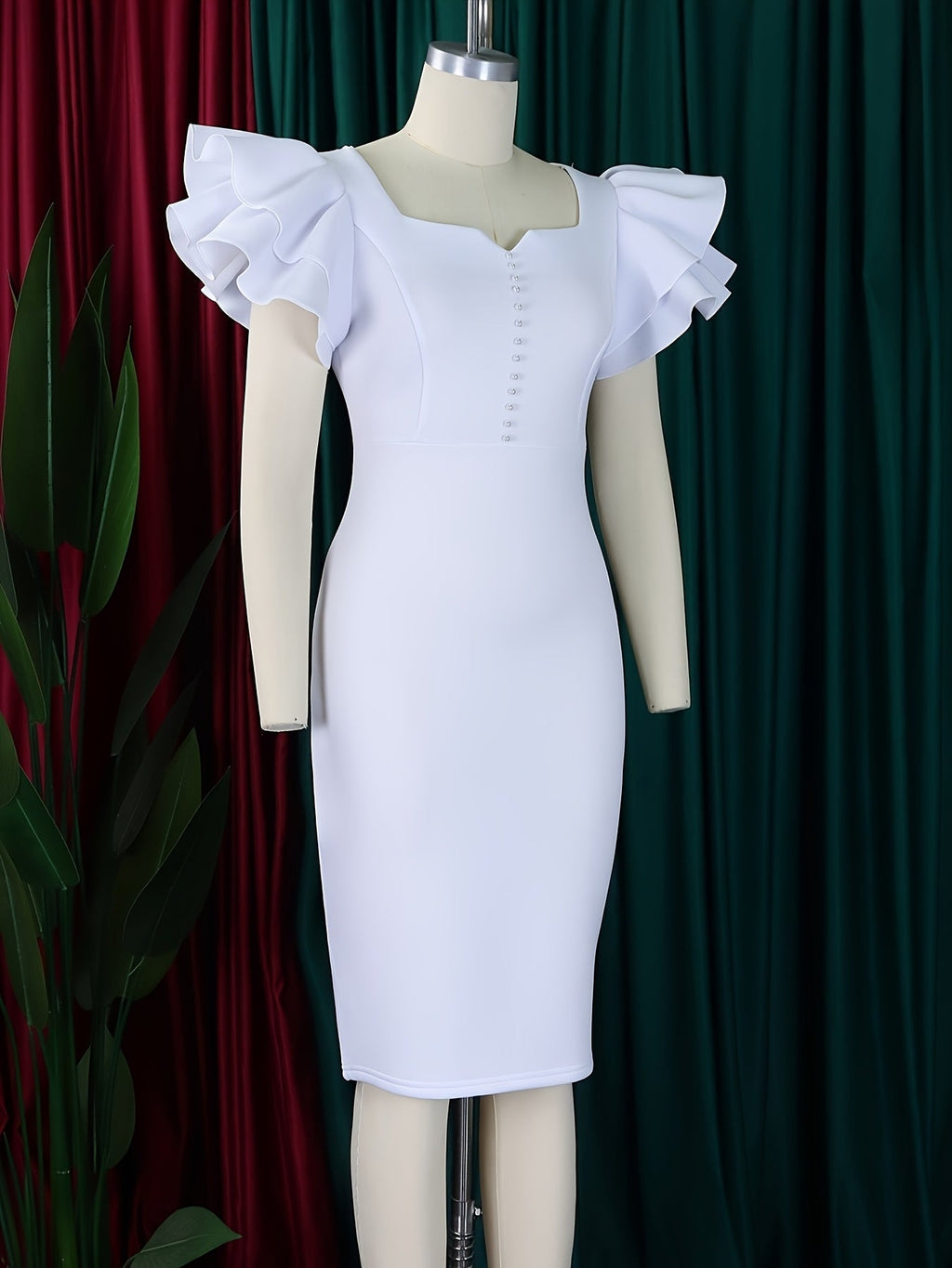 SHOWLU FASHION square neck ruffle sleeve bodycon midi dress, elegant party dress with fitted silhouette and stylish design.