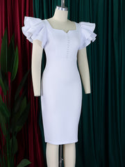 Elegant Dresses For Woman 2025 New Square Neck Ruffles Sleeve Solid Sheath Mid Calf High Quality Ladies Birthday Party Dinner Wear Vestidos Mujer Clothes Wholesale