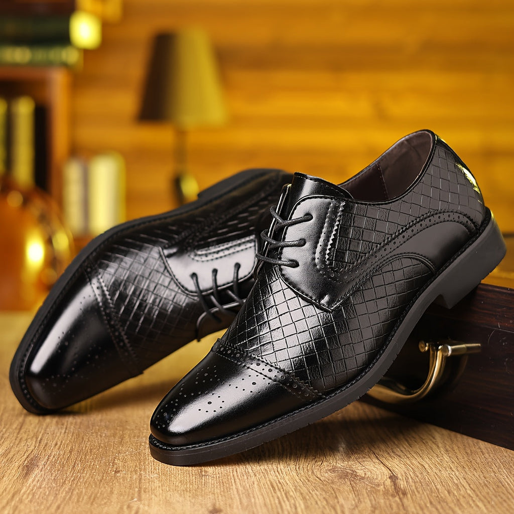 SHOWLU men's plaid formal shoes with pointed toe and lace-up design, stylish business oxford footwear for men