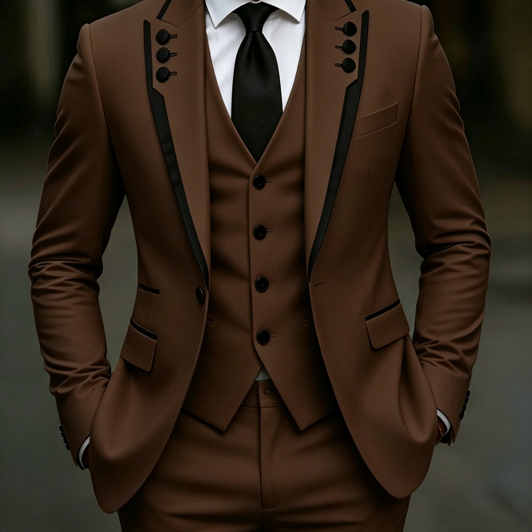 Men's black fringed lapel suit set with three pieces, formal party and wedding style, by Showlu Smart General.