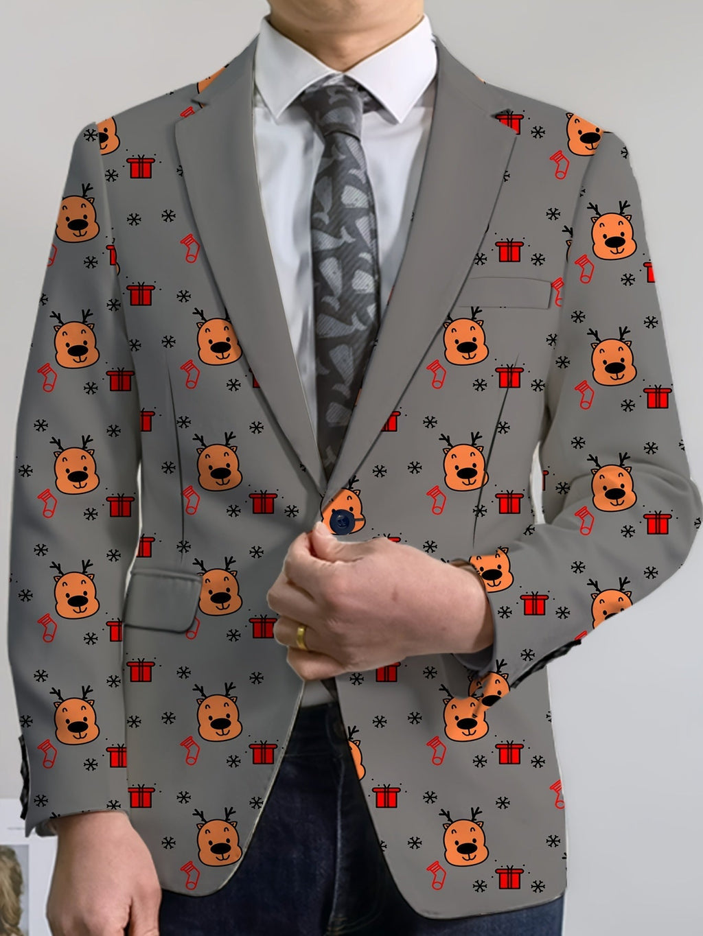 SHOWLU Men's cartoon face and stripes blazer featuring casual notch lapel design, stylish and modern men's suit jacket.