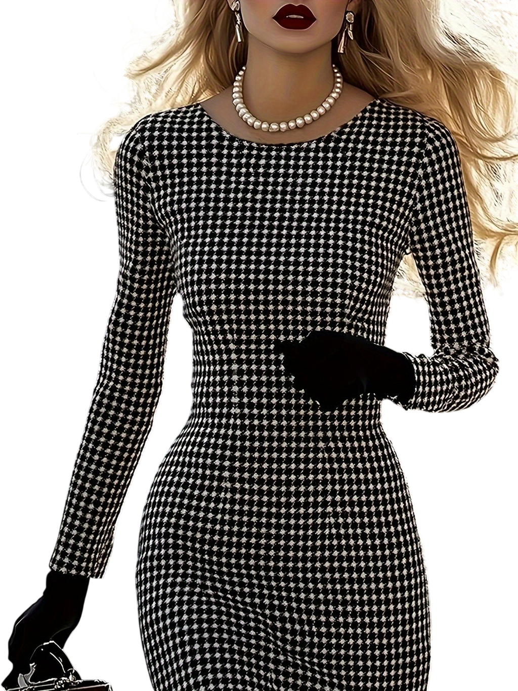 SHOWLU FASHION Women's black and white houndstooth long sleeve dress displayed on a model, stylish and elegant for casual or formal wear
