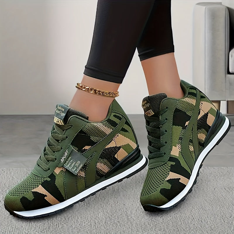 SHOWLU Women's camouflage lace-up sneakers with low-top design, comfortable and stylish footwear for casual wear.