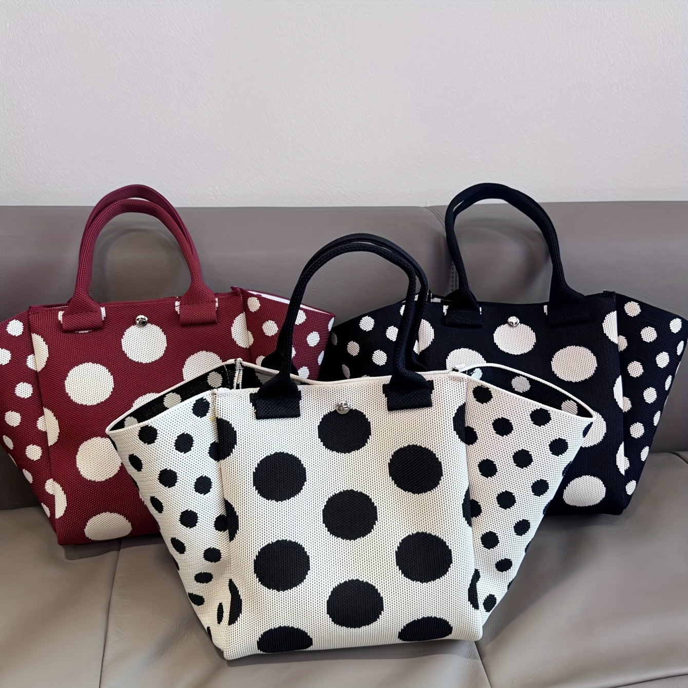 SHOWLU Burgundy polka dot knit tote bag with casual foldable design, perfect for everyday use.