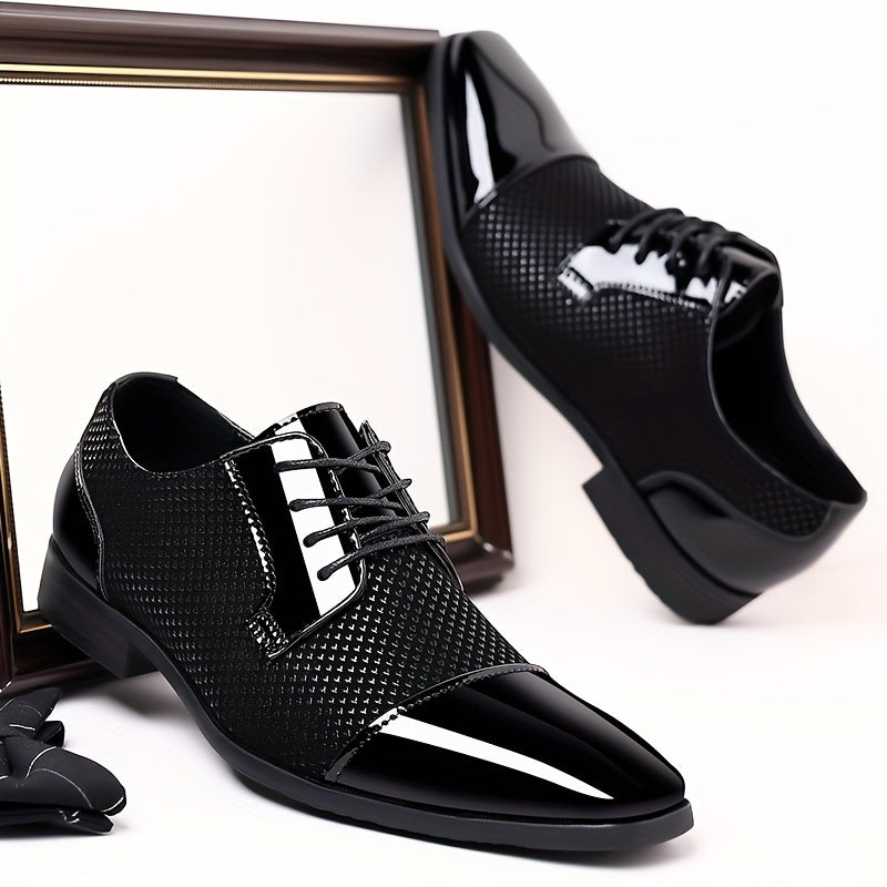 SHOWLU Men's Oxford dress shoes in black and white PU leather with lace-up design, stylish and formal footwear for men.