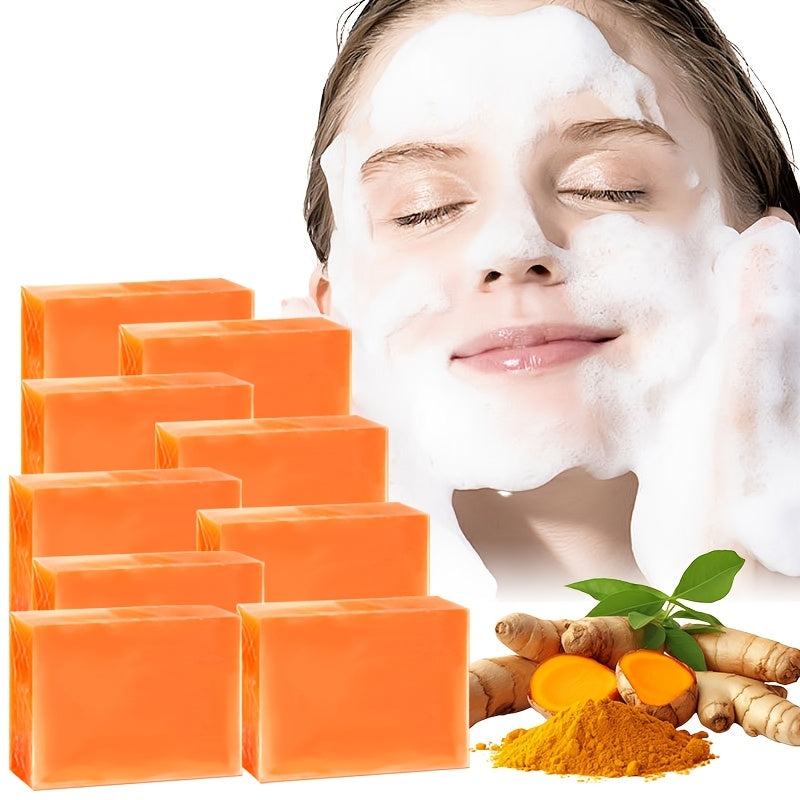 Set of two turmeric soap bars by SHOWLU FASHION STORE, moisturizing glycerin body soap in 100g packages, with vibrant turmeric color.