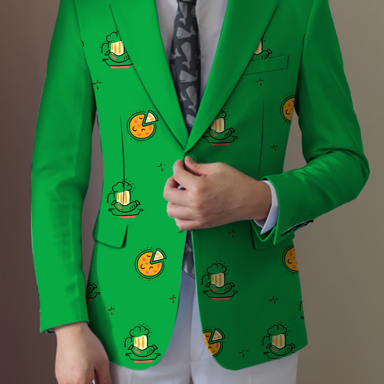 SHOWLU Men's casual food cartoon blazer with regular fit lapel suit jacket, featuring playful food-themed pattern and tailored design.