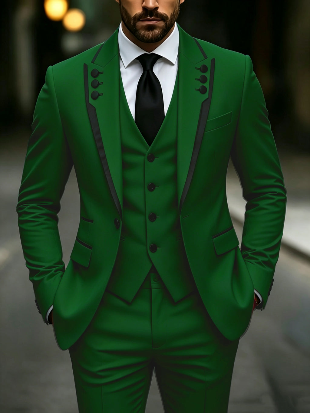 Men's black lapel fringed 3-piece suit set by Showlu Smart General, featuring formal, festival, graduation, and wedding dress styles.