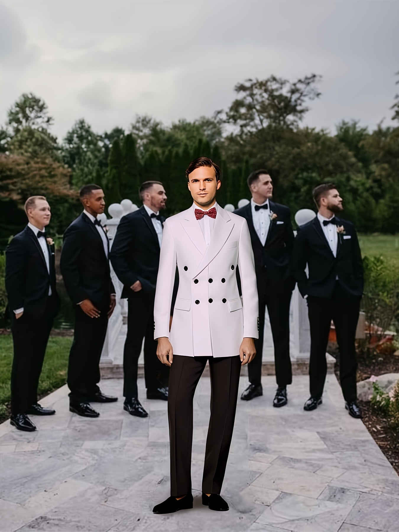 Men's white solid tuxedo blazer by SHOWLU FASHION, double-breasted jacket with classic lapel and tailored fit.