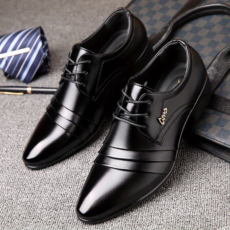 SHOWLU FASHION men's vintage derby shoes with pointed toe, lace-up design in black PU leather, stylish and classic footwear.
