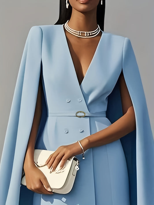 TIMELOVEE 2025 Women's Elegant V-Neck Cape Sleeve Mini Dress with Tied Waist - A-Line Office & Urban Formal Dress, Machine Washable Polyester, Spring Summer Fall Lightweight Business Casual Wear, Sophisticated Tailoring