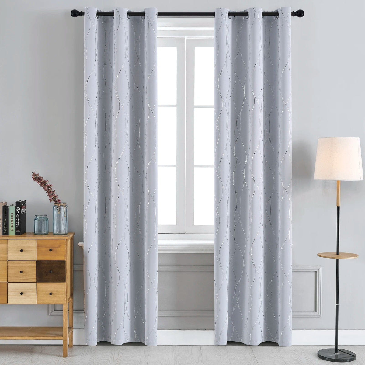 2Panels Blackout Curtains for Bedroom Noise Reducing Thermal Insulated Wave Line Foil Print Room Darkening for Living Room - SHOWLU FASHION STORE