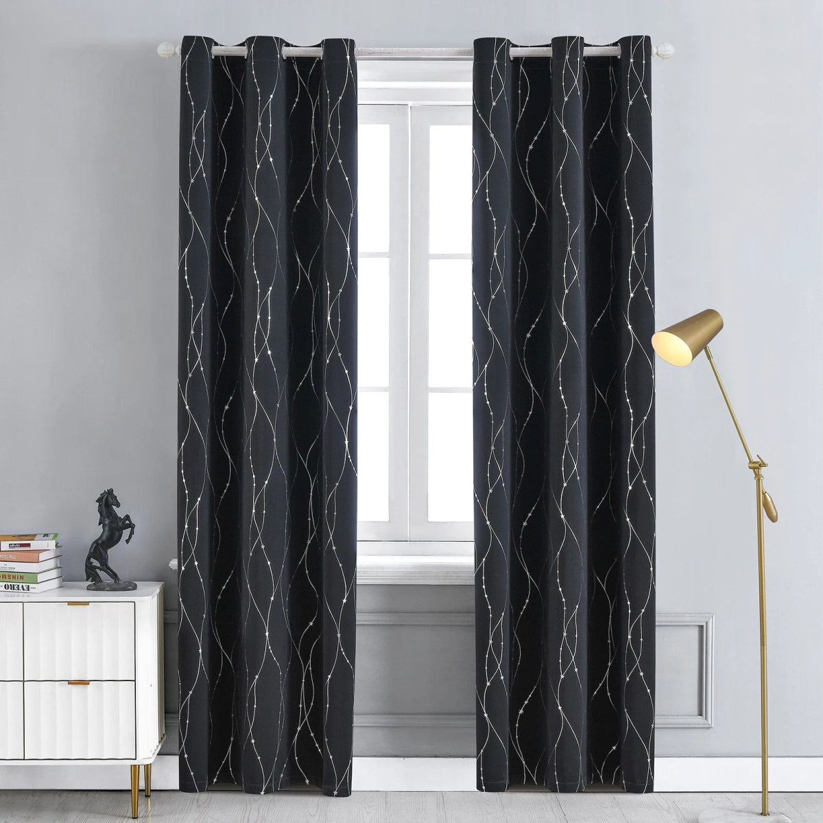 2Panels Blackout Curtains for Bedroom Noise Reducing Thermal Insulated Wave Line Foil Print Room Darkening for Living Room - SHOWLU FASHION STORE