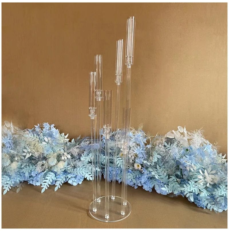 Set of clear acrylic MS Made candlestick holders for weddings and events, ideal as elegant centerpieces and wedding decorations.