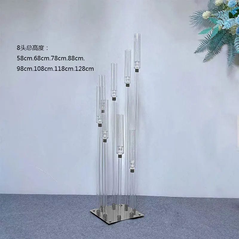 Set of clear acrylic MS Made candlestick holders for wedding centerpieces, ideal for elegant event and party decorations.