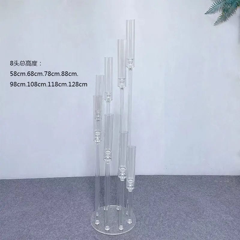 Set of clear acrylic MS Made candlestick holders for weddings and events, ideal as elegant centerpiece candelabras in various quantities.