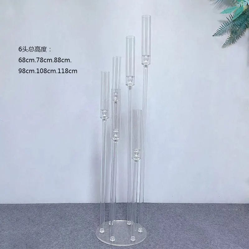 Set of clear acrylic MS Made candlestick holders for weddings and events, ideal as elegant centerpiece candelabras.
