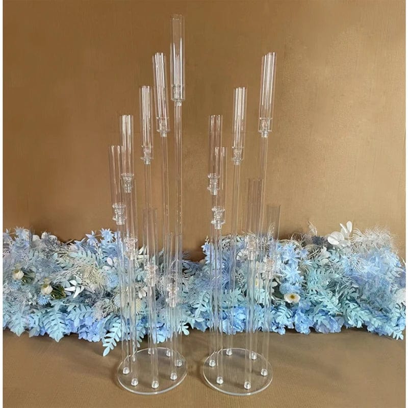 Set of clear acrylic MS Made candlestick holders for wedding centerpieces, perfect for elegant event and party decorations.