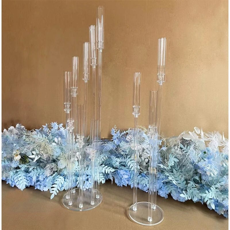 Set of clear acrylic MS Made candlestick holders for weddings and events, elegant centerpiece candelabra for wedding decor.