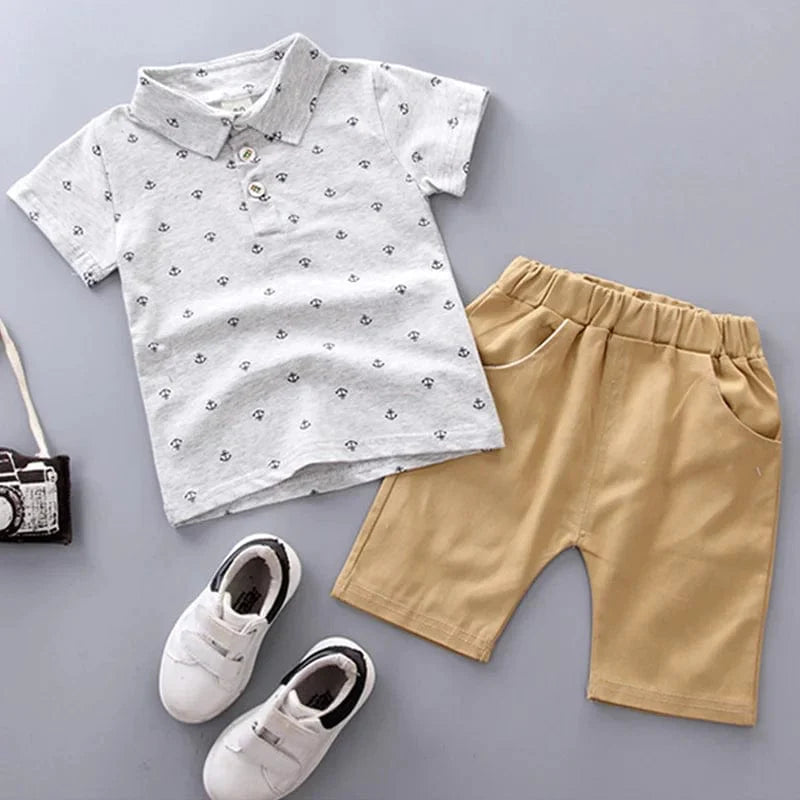 Showlu Boys 2-piece cotton summer set with anchor print shorts and matching tee, perfect for toddlers aged 1-5 years.