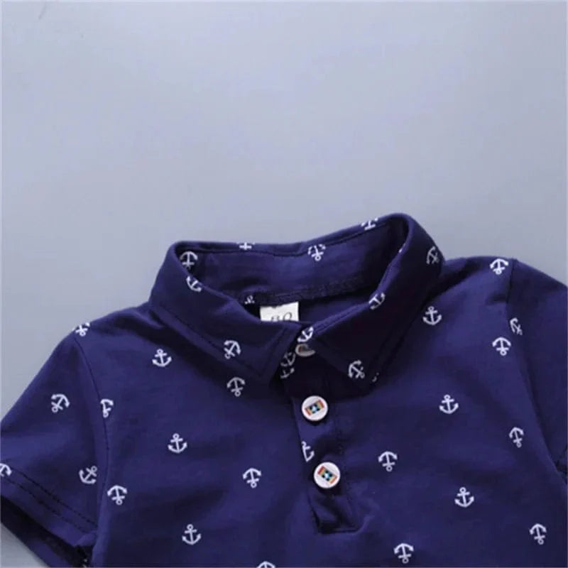Showlu Boys 2-piece cotton summer set with anchor print shorts and tee, perfect for kids aged 1-5 years.