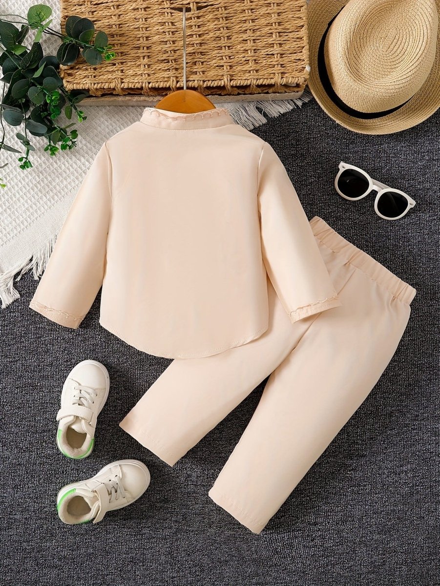 Showlu Fashion boys' embroidery shirt and pants set for toddlers, featuring a trendy spring and fall outfit with classic design.