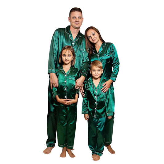 2PCS Christmas Satin Pajamas PJ's Solid Family Matching Xmas Winter Long Sleeve Sleepwear Pants Set For Kid Boys Girls Woman Man - SHOWLU FASHION STORE